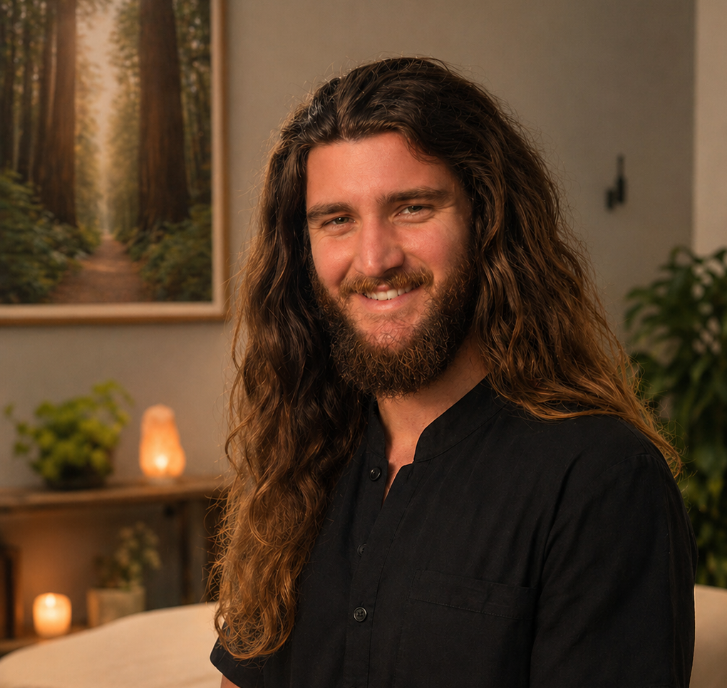 Portrait of a man with long wavy hair and a beard, smiling, wearing a black short-sleeve shirt in a warmly lit, cozy room.