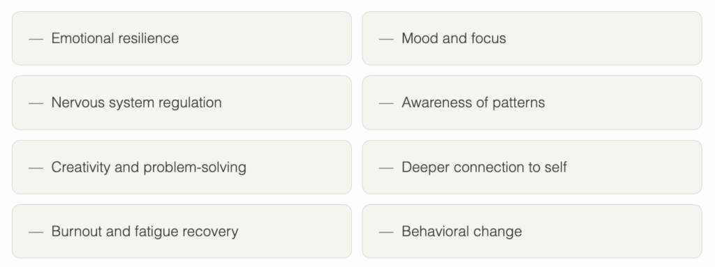 Grid of eight beige rounded cards listing topics: emotional resilience, mood and focus; nervous system regulation, awareness of patterns; creativity and problem-solving, deeper connection to self; burnout and fatigue recovery, behavioral change.